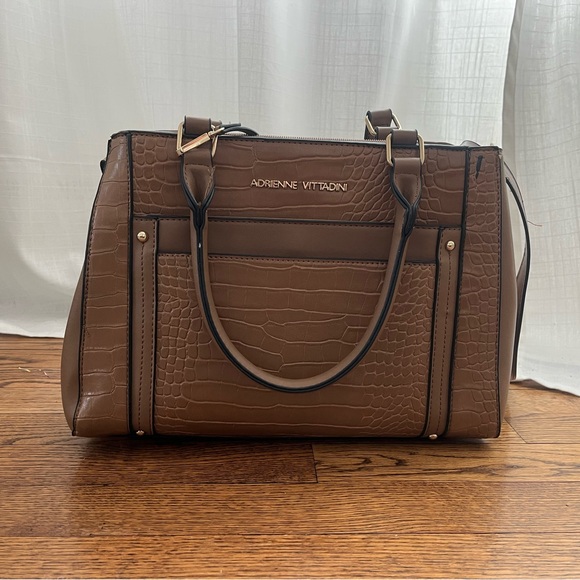 Adrienne Vittadini Handbags - Adrienne Vittadini Brown Croc-Embossed Satchel with Gold-Tone Hardware
